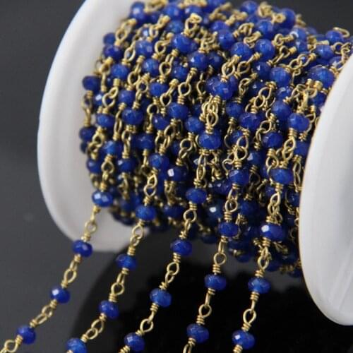 5Meter Blue Malaysia Jade Brass Wire Wrapped Rosary Chain,Faceted Rondelle beads Chains Fashion Necklace bracelet Jewelry making