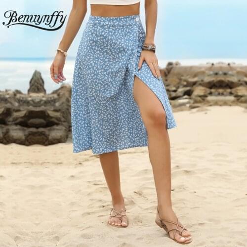 Benuynffy One Button Ditsy Floral Split Midi Skirts Women 2021 Beach Summer Holiday Style Boho Casual Ladies High Waist Skirt
