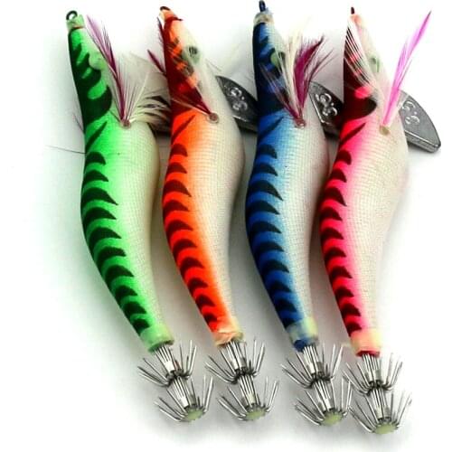 Big Sale 4pcs New Squid Jigs Fishing Lure Artificial Wooden Shrimp Bait Octopus Luminous Lures With Squid Hooks 13.5cm 19.8g