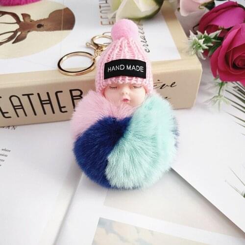 Sleeping Baby Doll Handmade Kids Toy Keychain Pompom Faux Rabbit Fur Ball Key Chain Car Keyring Women Key Holder Bag Pendant