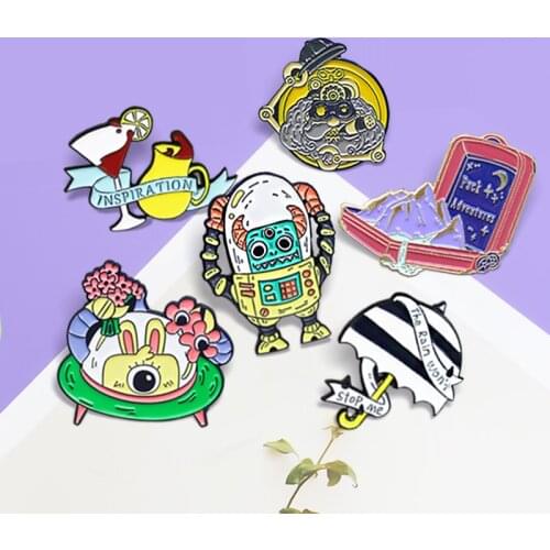 Astronaut Alien Robot Brooches Red Suitcase Umbrella Enamel pin The Rain Won't Stop Me,INSPRATION Brooch Lapel Badges Jewelry