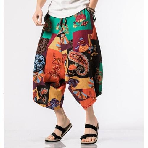 MrGB Summer Mens Pants Wide Leg Printing Pants For Man Loose Casual Calf-Length Pants Chinese Style Harem Pants