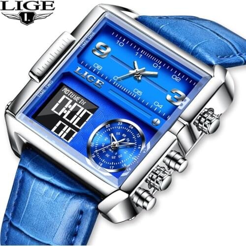 LIGE Original Watch Men Top Brand Luxury Rectangle Quartz Military Watches Waterproof Luminous Leather Wristwatch Men Clock+Box