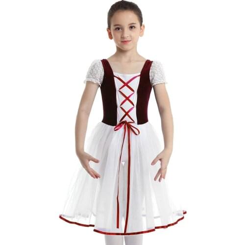 Kids Girls Ballet Dress Velvet Mesh Lacework Short Bubble Sleeves Ballet Dance Gymnastics Leotard Tutu Dress Children Dancewear
