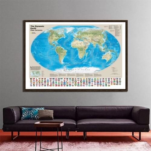 The Dynamic Earth Plate Tectonics Map Non-woven World Map with National Flags For Geological Research