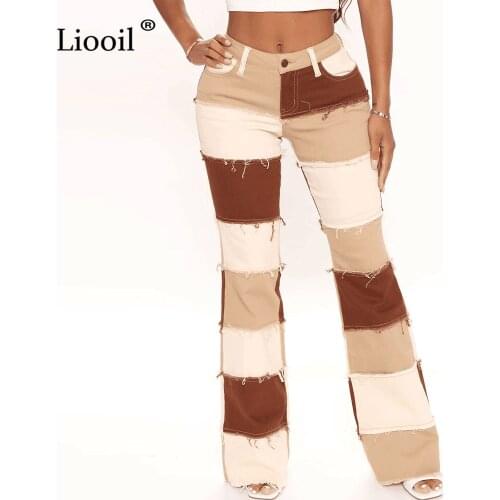 Color Block Stretchy High Waisted Flare Jeans For Women Denim Trousers Streetwear Patchwork Boyfriend Brown Bell Bottoms Pants