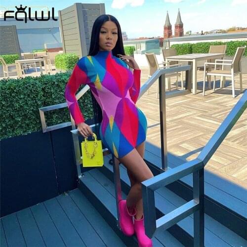 FQLWL Summer Sexy Bodycon Dresses For Women 2021 Long Sleeve Tie Dye Knitted Short Dress Patchwork Ladies Wrap Mini Party Dress