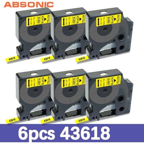 Absonic 6PK Compatible for Dymo D1 Label 43618 Black on Yellow 6mm Tape for Dymo LabelManage LM 160 280 LabelPoint 100 Maker
