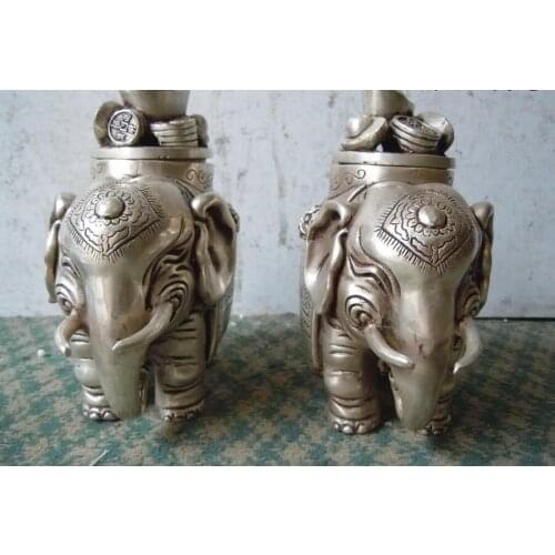 China silver carved Feng Shui fine make a pile elephant Pair Sculpture Statue