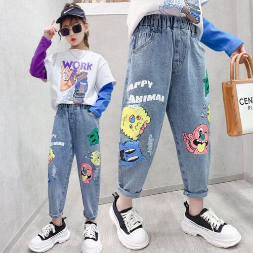 2021 Hot Deals Boys Girls Jeans Cartoon High Waist Elastic Denim Pants Childrens Clothing Fashion Cute Print Trousers 4-13Yrs