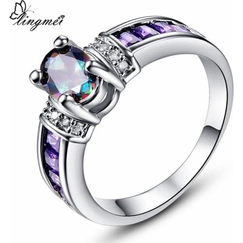Lingmei Pretty Fashion Wedding Rings Oval Multi Zircon Silver Color & White GoldRing Size 6-13 Anniversary Cocktail