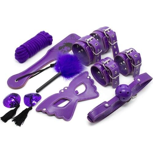 Purple Leather 7pcs/set Feather Handcuffs Milk Paste Adult Restraints Bdsm Sex Games Set