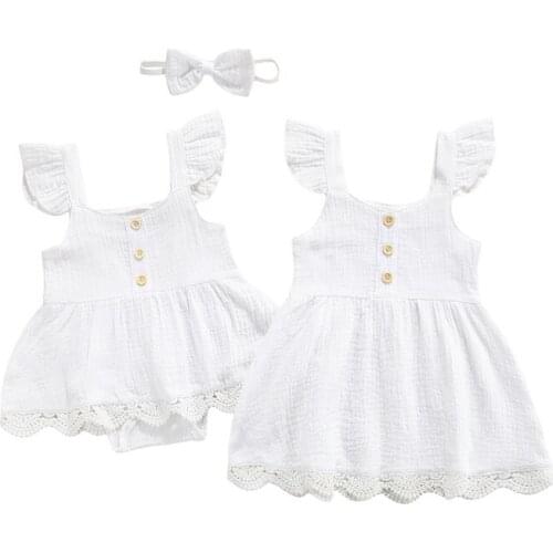 Newborn Baby Girl’s Solid Color Sister Matching Clothes, Irregular Hem Sleeveless Dress/O-neck Romper with Ruffles+Headband