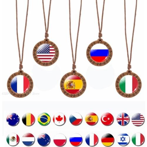 National Flag Necklace Vintage Art Wooden USA NL Russia Spain Flag Pendant Glass Cabochon Jewelry Wood Wax Rope Chain Gift