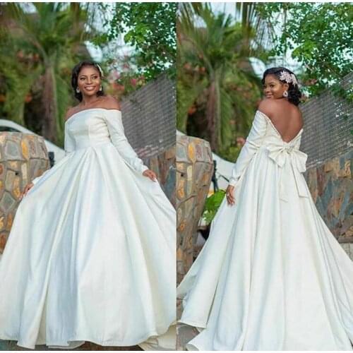African Off Shoulder Long Sleeves Wedding Dresses Sweep Train Backless Satin A Line Wedding Dress Bridal Gowns vestidos de novia