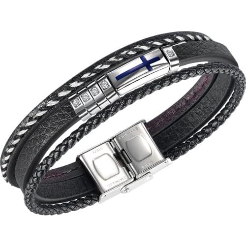 Cyue European Punk Black Braided Leather Bracelet Corss Charm With CZ Stainless Steel Button Wristband For Boy Jewelry ZYLB0192