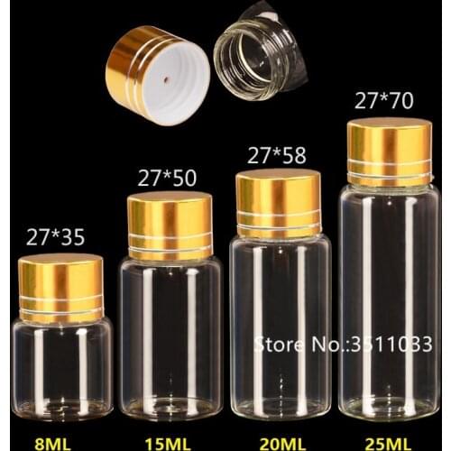 30PCS 8ML 15ML 20ML 25ML Transparent Small Glass Bottle with Screw Cap Mini Tiny Vials Containers Wishes Bottle Gold Metal Lid