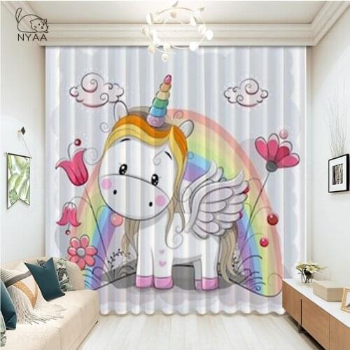 Unicorn Flowers Green Pink Purple Yellow Room Curtains Window Curtains Bathroom Curtains Kids Party Decor Micro Shading