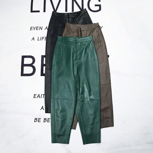 Spring Autumn Womens High quality Sheepskin Real leather Ninth pants fashion Genuine leather pencil pants C635