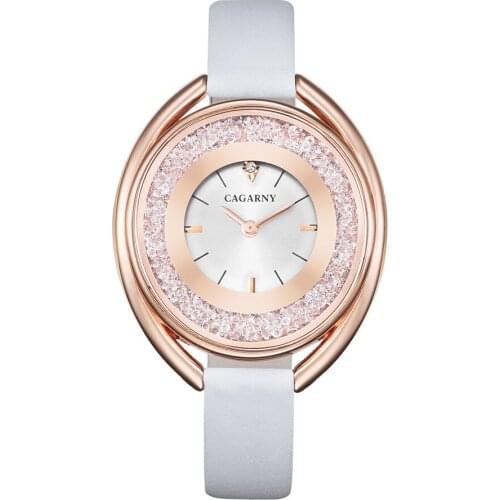 Luxury Brand Cagarny Women Watches Rose Gold Case Shining Crystal Womens Quartz Watch Woman Vogue Leather Strap Reloj Mujer New
