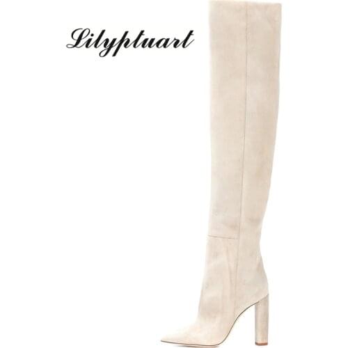 Womens knee-length suede high boots pointed toe thick heel set foot long boots ladies large size winter high heel boots