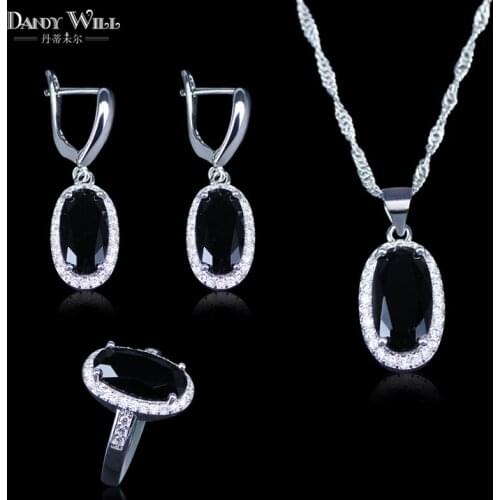 Russian Style Black Rhinestone Silver Color Jewelry Sets For Women Pendant Drop Earrings Rings Wedding Jewelry Sets