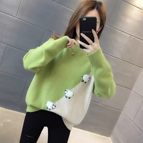 2021 Autumn Winter Pullover Long Sleeve Sweater Womens Round Neck Wild Cute Sheep Pattern Loose Female Jumper Knitwear Sueter
