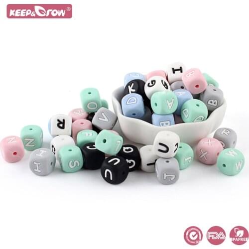 Keep&Grow 100Pcs Letters Silicone Beads 12MM English Alphabet Letter BPA Free DIY Teething Necklace Rodent Food Grade Baby Toys