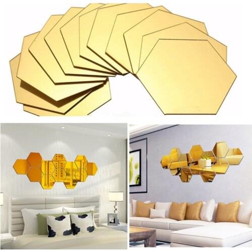 12Pcs/set 3D Mirror Wall Sticker Home Decor Hexagon Decorations DIY Decal Art Living room dining room Ornaments Multi-color Pick