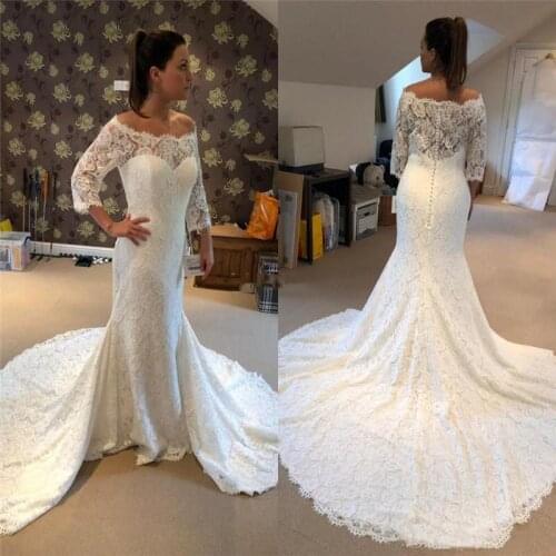 2020 Charming Lace Mermaid Wedding Dresses Half Sleeves Sweep Train Illusion Bridal Gowns Castle Country Bridal Gowns
