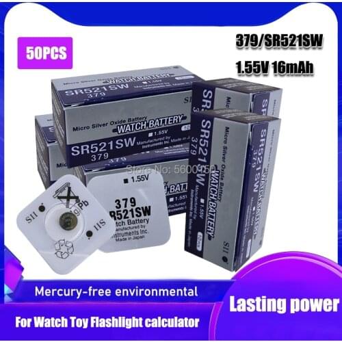 50PCS FOR SEIZAIKEN Original 379 SR521SW 1.55V Silver Oxide Button Cell Battery CX63 521 LR63 AG0 Single grain packing