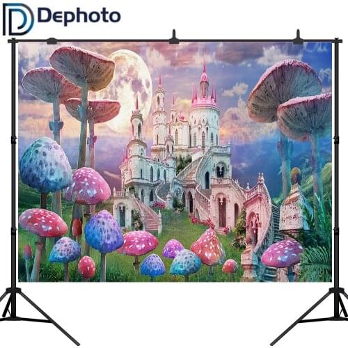 Dephoto Photography Backdrop Alice In Wonderland Watercolor Castle Mushrooms Birthday Party Children Photo Background Studio