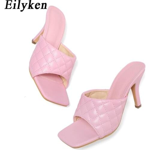 Eilyken New Design Square Toe Slippers Stiletto Heels Women Sandals Fashion High Quality Mules Slides 2021 Summer Ladies Shoes