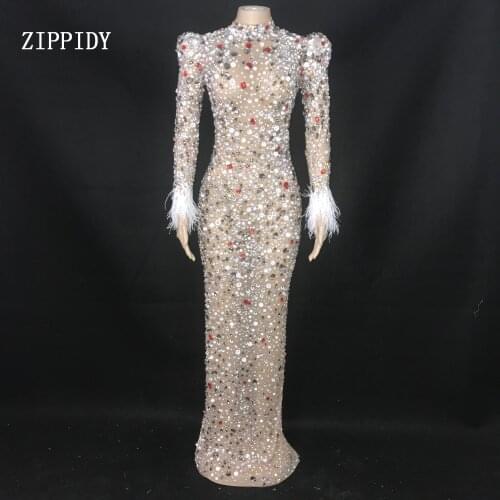 Sparkly Multi-color Rhinestone Transparent Dress Birthday Feather Sleeves wear Prom Dance Evening Costume Short Dress