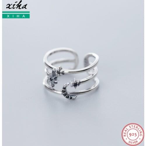 Real 925 Sterling Silver Rings for Women with Stones CZ Black Zircon Crescent Moon Star Multi Layers Adjustable Ring