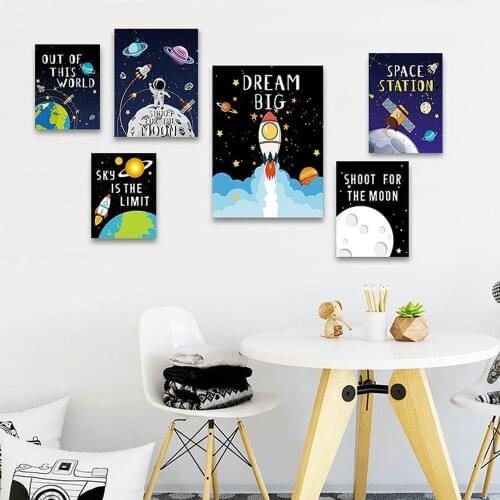 Cartoon Universe Space Planet Canvas Painting Inspirational Rocket Astronaut Poster Childrens Baby Room Bedroom Wall Pictures