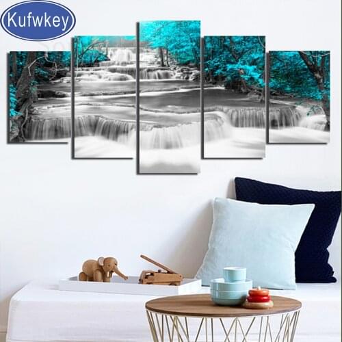 5 Piece Set 5D diamond painting"Waterfall Tree Bright"3d Picture diamond mosaic Full round diamond embroidery Blue Landscape Art