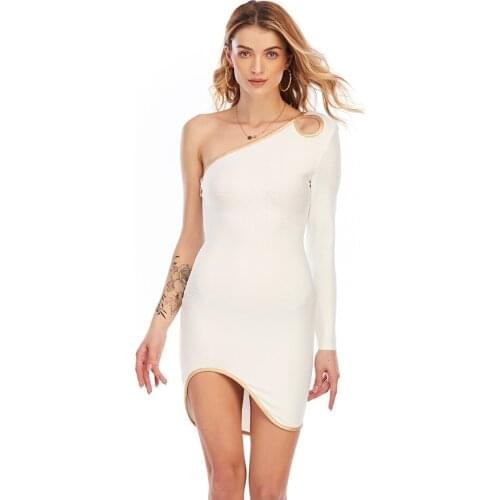 New Winter Womens White One Shoulder Long Sleeve Mini Bodycon Bandage Dress Vestidos Sexy Club Celebrity Runway Dresses