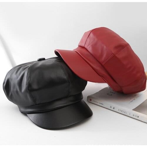 Fall Winter New Fashion Women Solid Color PU Leather Caps Octagonal Cap Casual Vintage Hats Newsboy Cap For Women Casquette