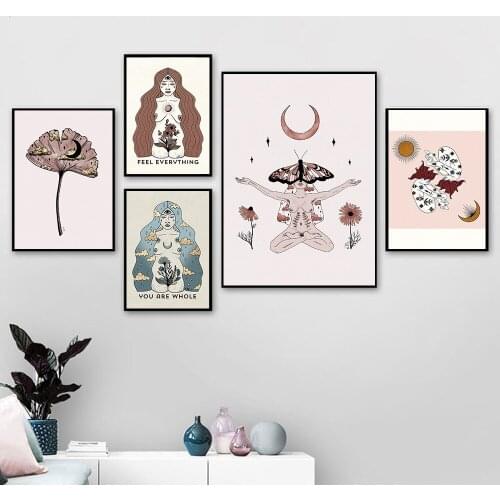 Boho Goddess Wall Art Prints Abstract Sun Moon Canvas Posters Floral Nude Line Witch Yoga Pictures Painting Bedroom Home Decor