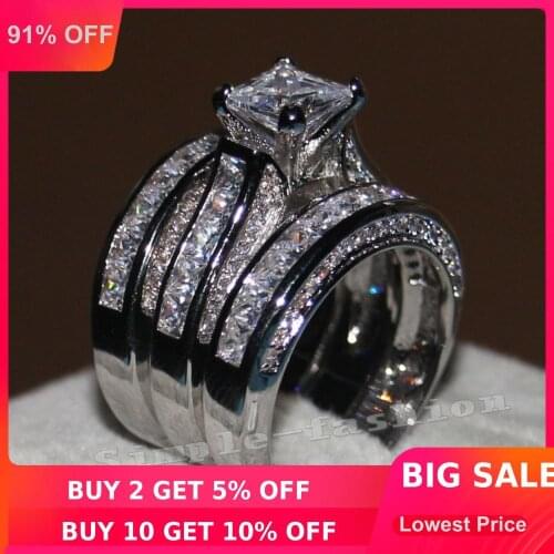 Choucong Luxury Women Fashion Full princess cut 20ct 5A Zircon cz White Gold Filled 3 Engagement Wedding Band Ring Set Gift