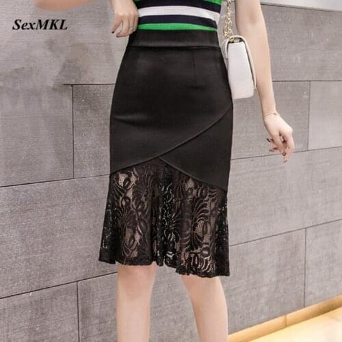 SEXMKL Womens Skirt High Waist Black Skirt Summer 2020 Women Knee Length Lace Patchwork Office Lady Work Red Skirts Jupe Femme
