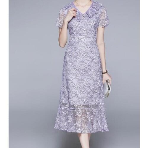 ZAWFL 2021 Lace Dress Women V-neck Elegant Evening Party Formal Mid-Calf Mermaid Short Sleeve Womens Summer Dresses