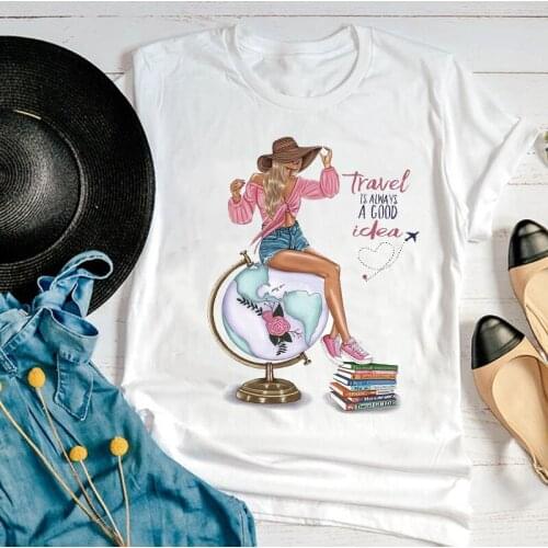 Women Graphic Happy Time Short Sleeve Cute Travel Fashion 90s Cartoon Summer Print Female Clothes Tops Tees Tshirt T-Shirt