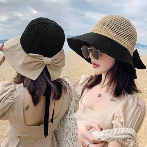 2021 New Bow Sun Hat Cap Wide Brim Floppy Top Summer Hats for Women Beach Panama Straw Dome Bucket Hat Hollow Out Visor Hat