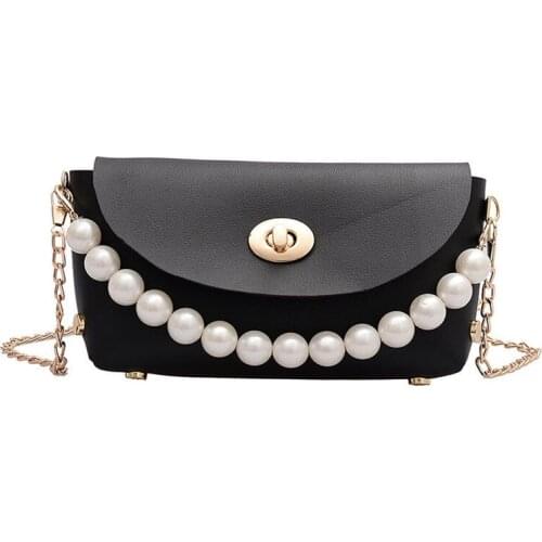 Women’s Pearl Shoulder Bags Elegant PU Leather Cross-body Bag Satchel with Metal Strap Ladies Tote Bag