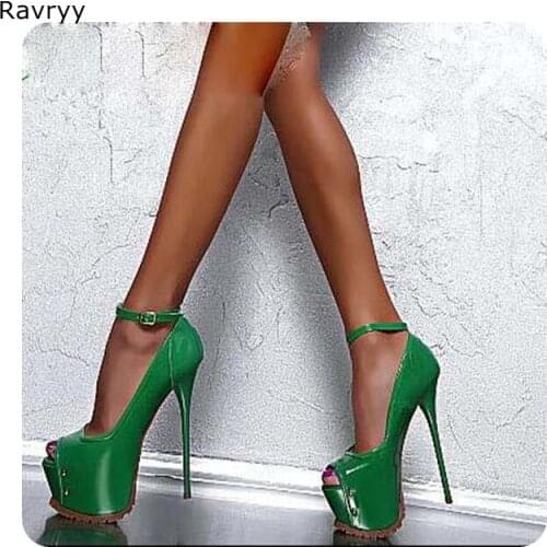 Womans green high heels platform heels sexy pumps female shoe peep toe sandals ankle buckle thin heel party club model dress