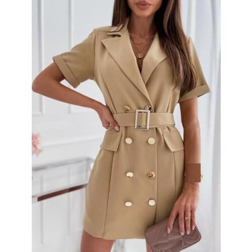 Office lady blazer dress Summer safari notched collar short sleeve double breasted slim mini dress with belts Khaki pink white