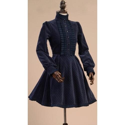 British women Spring autumn office dress vintage lolita costume Female Corduroy Casual dress Pleated long Windbreaker dress