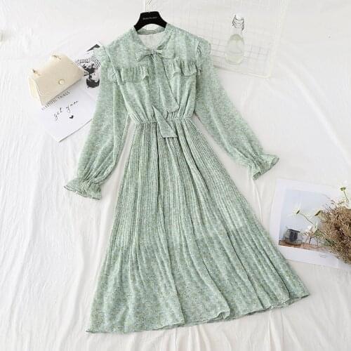 Spring and summer 2021 new female chiffon floral dress fungus bow slim pleated dress womens clothing
